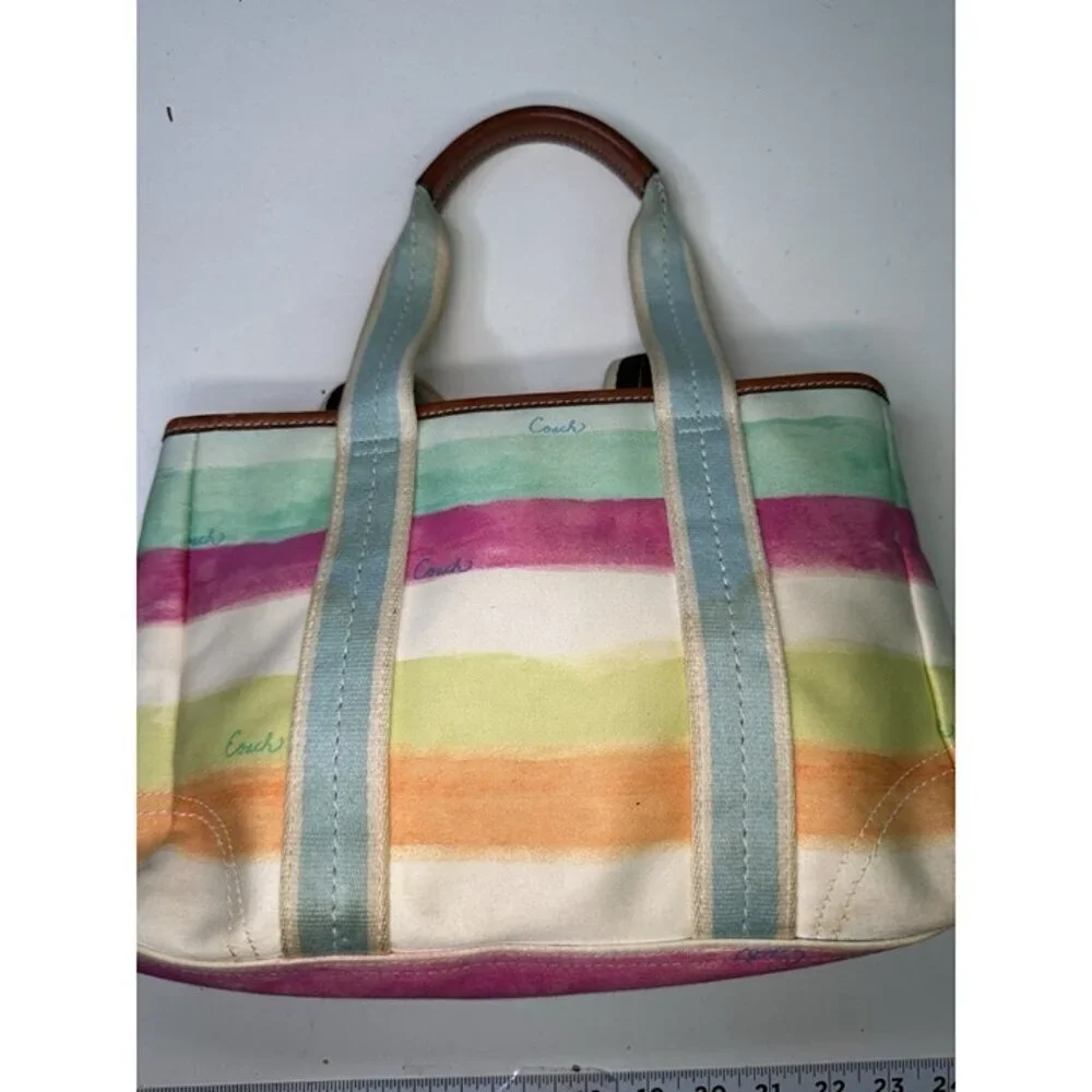 DAMAGE Coach Hampton Watercolor Pastel Stripes Small Tote Handbag A0773-10025